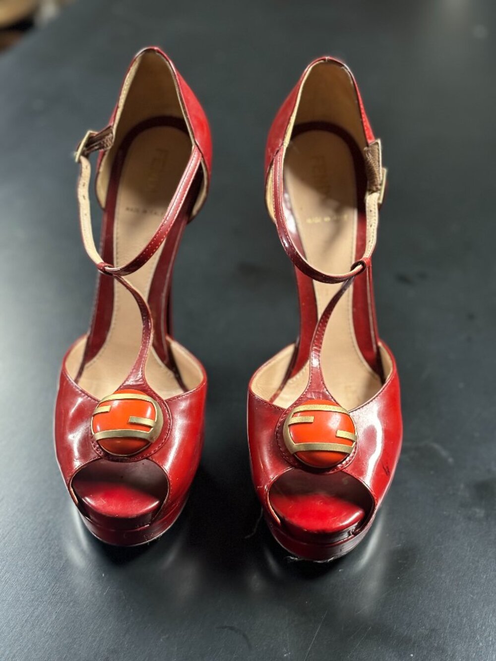 *Fendi Black Patent Leather T-Strap Peep-Toe Platform Size 39 5.5" Heel Fits 38